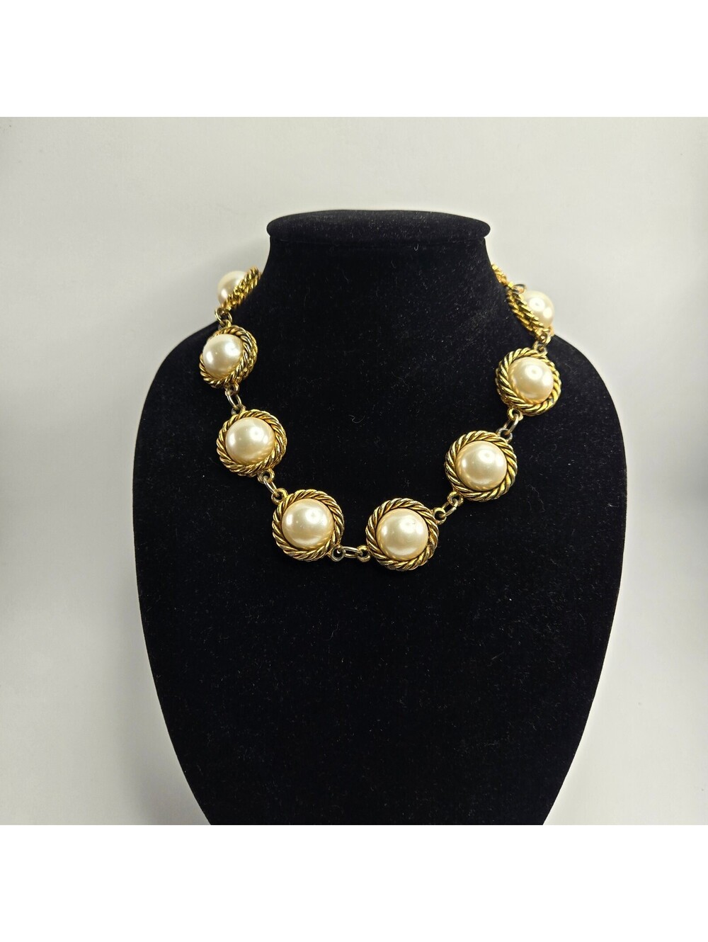 Vintage Faux Pearl Statement Necklace Gold Tone Rope Link Collar Chunky Runway